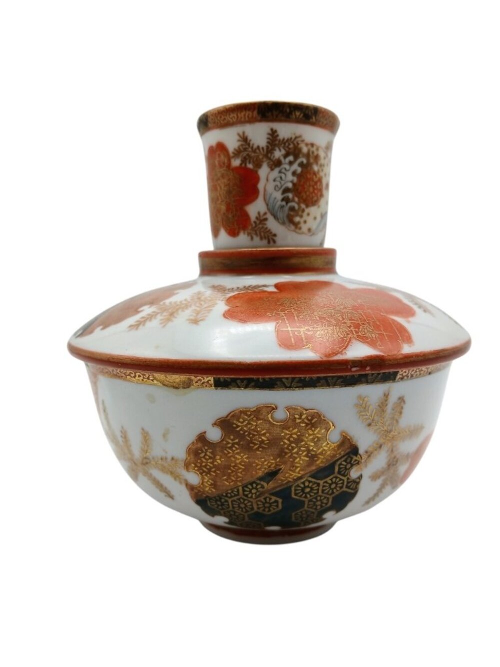 Japanese Kutani Porcelain Lidded Bottle Vase with Cup Meiji Era Gilt Signed